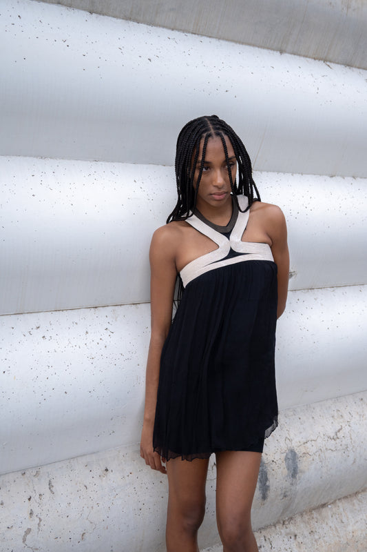Contrasted jute and muslin mini dress