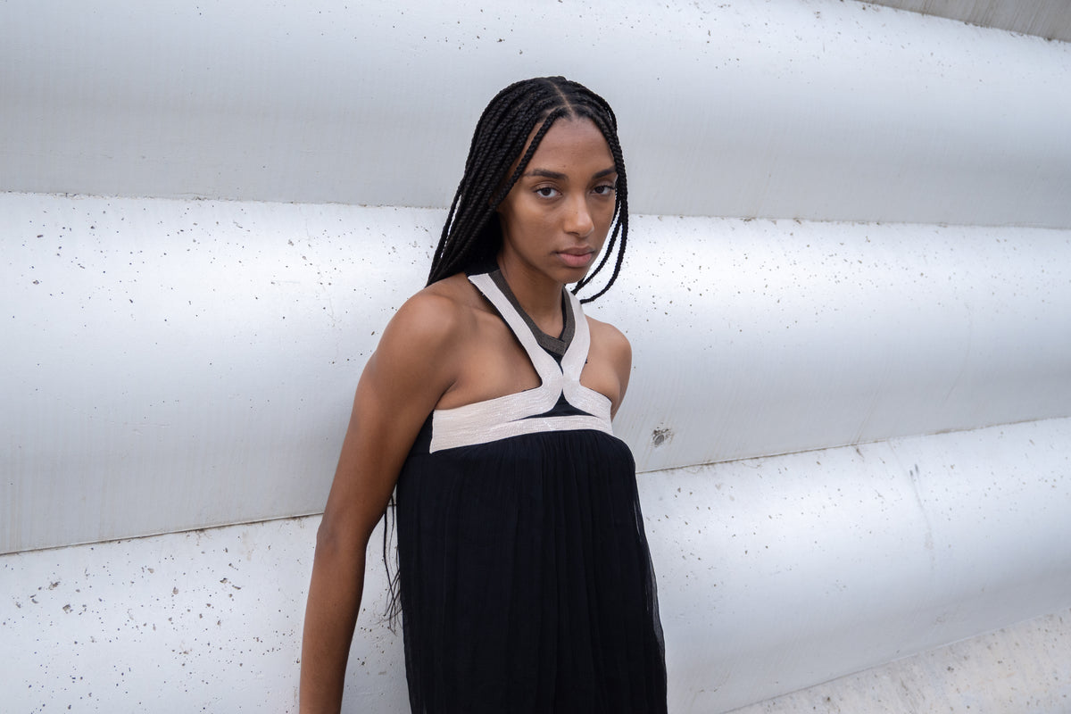 Contrasted jute and muslin mini dress